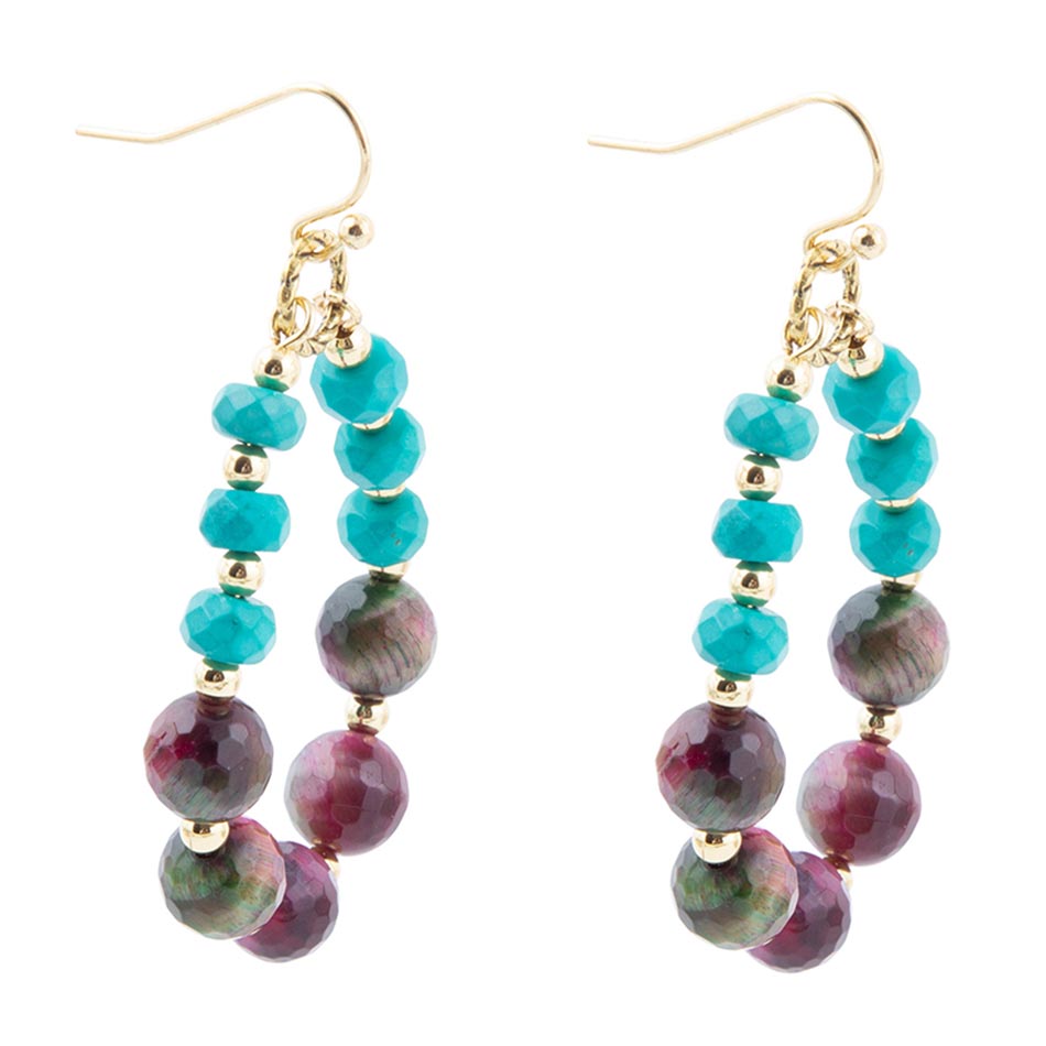 Jeweled Blue Magnesite and Mulicolor Tiger's Eye Golden Drop Earrings Barse Jewelry