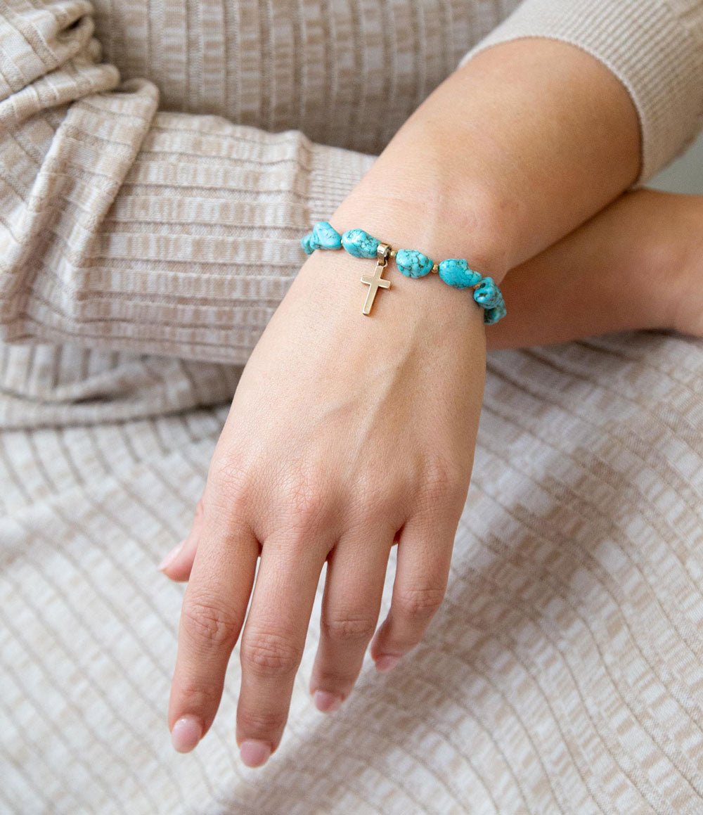 Blue Magnesite on the Cross Golden Charm Bracelet Barse Jewelry