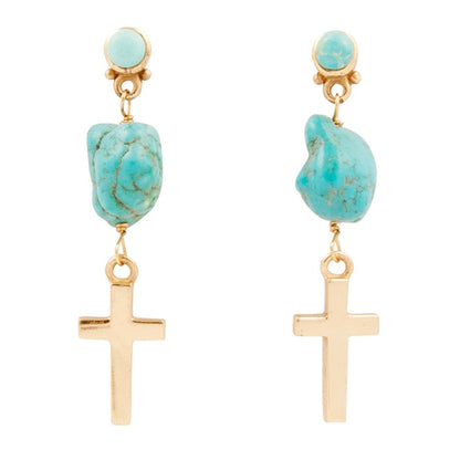 Blue Turquoise On The Cross Golden Post Earrings Barse Jewelry