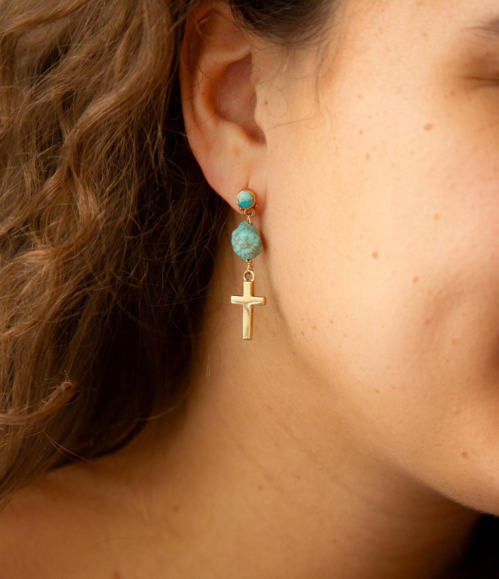 Blue Turquoise On The Cross Golden Post Earrings Barse Jewelry