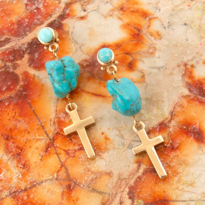 Blue Turquoise On The Cross Golden Post Earrings Barse Jewelry