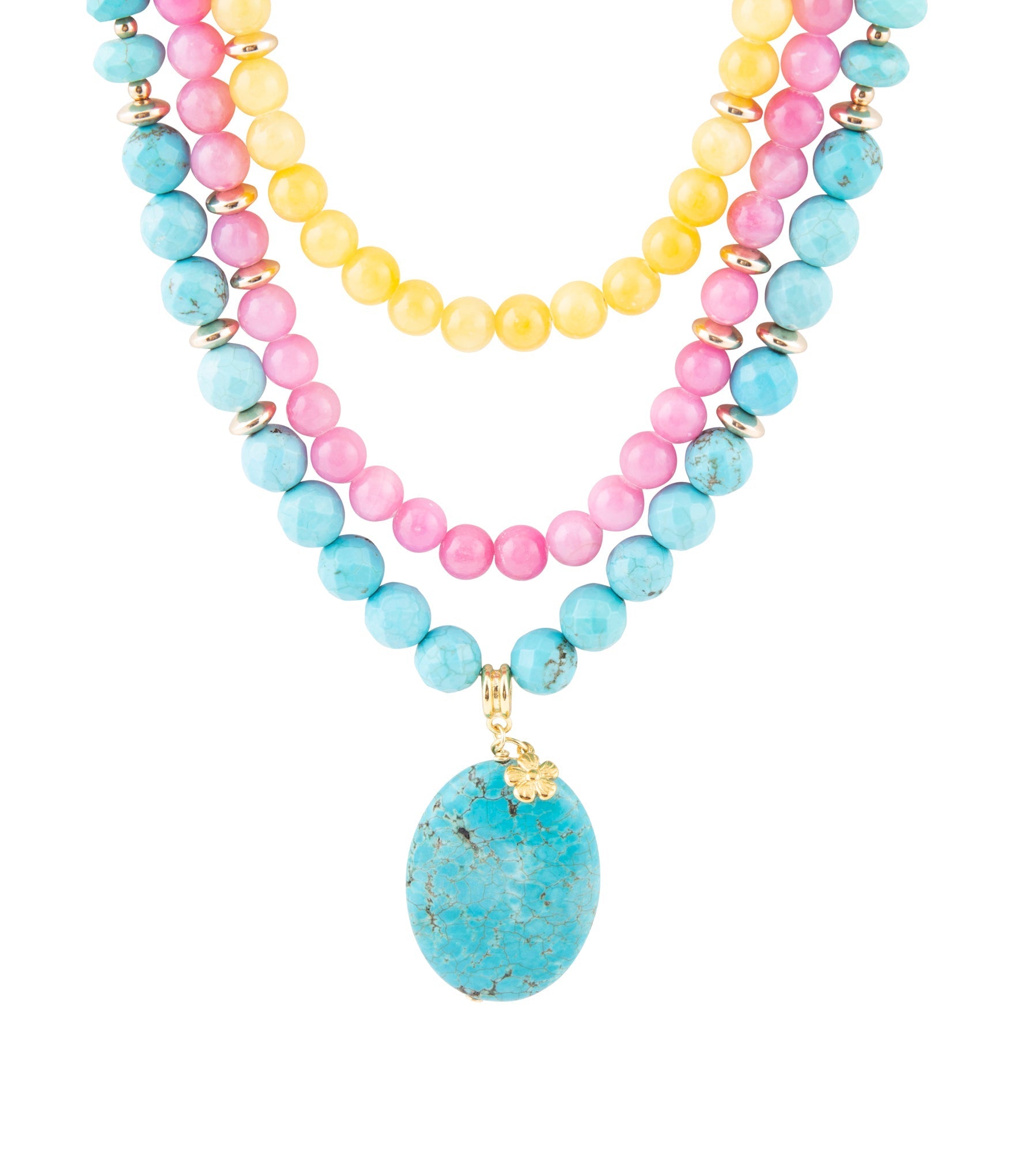 St. Augustine Pink Agate and Blue Turquoise Golden Pendant Necklace Barse Jewelry