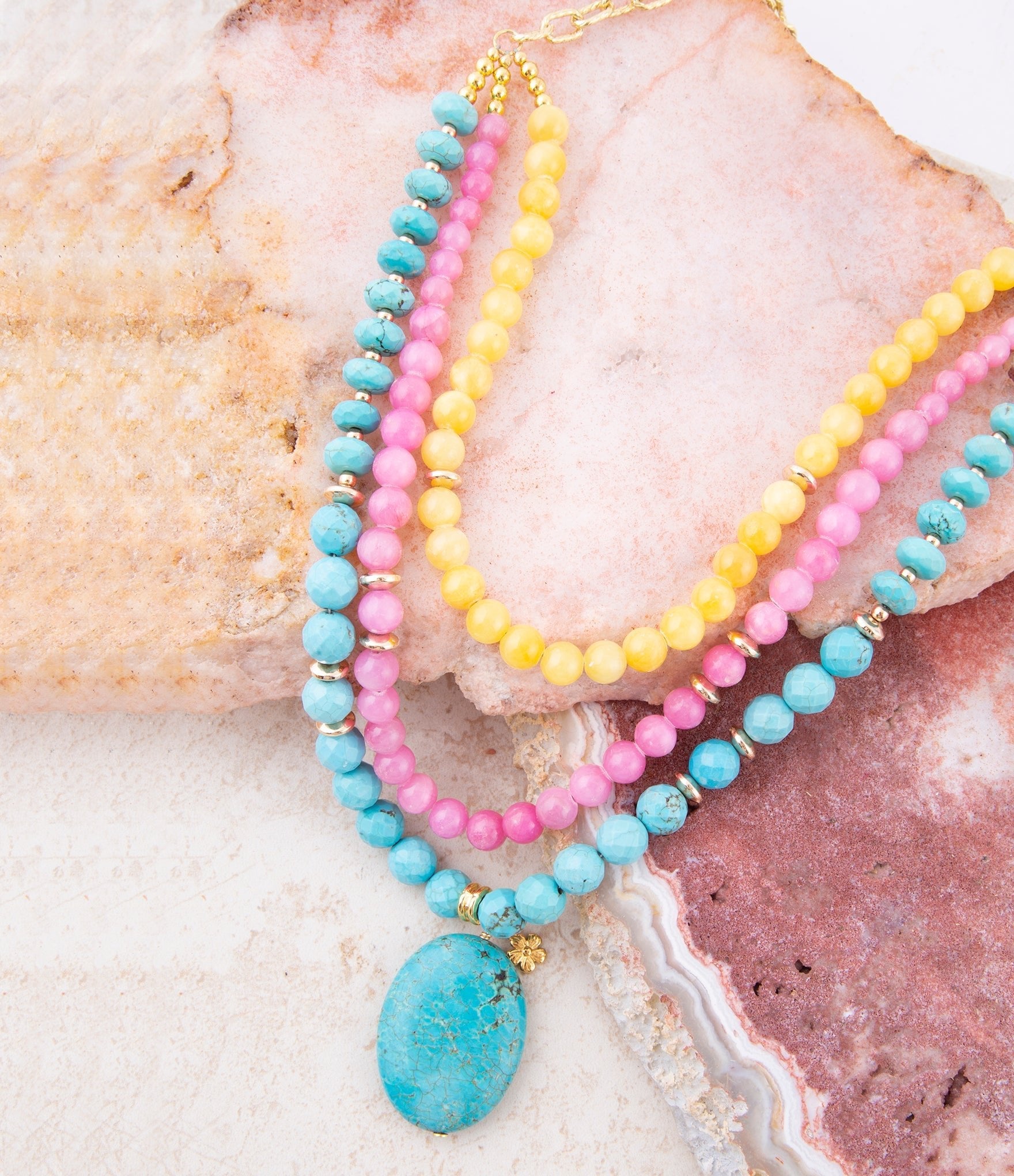 St. Augustine Pink Agate and Blue Turquoise Golden Pendant Necklace Barse Jewelry