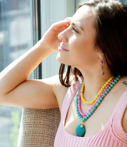 St. Augustine Pink Agate and Blue Turquoise Golden Pendant Necklace Barse Jewelry