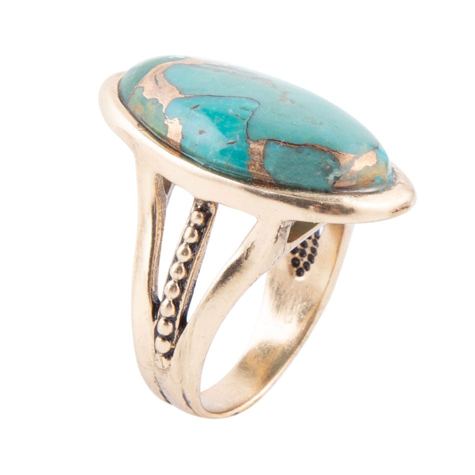 Blue Turquoise and Bronze Matrix Golden Oval Ring Barse Jewelry