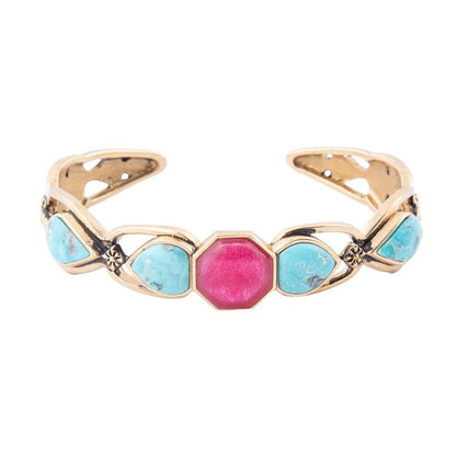 Blue Turquoise and Red Quartz Golden Cuff Bracelet Barse Jewelry