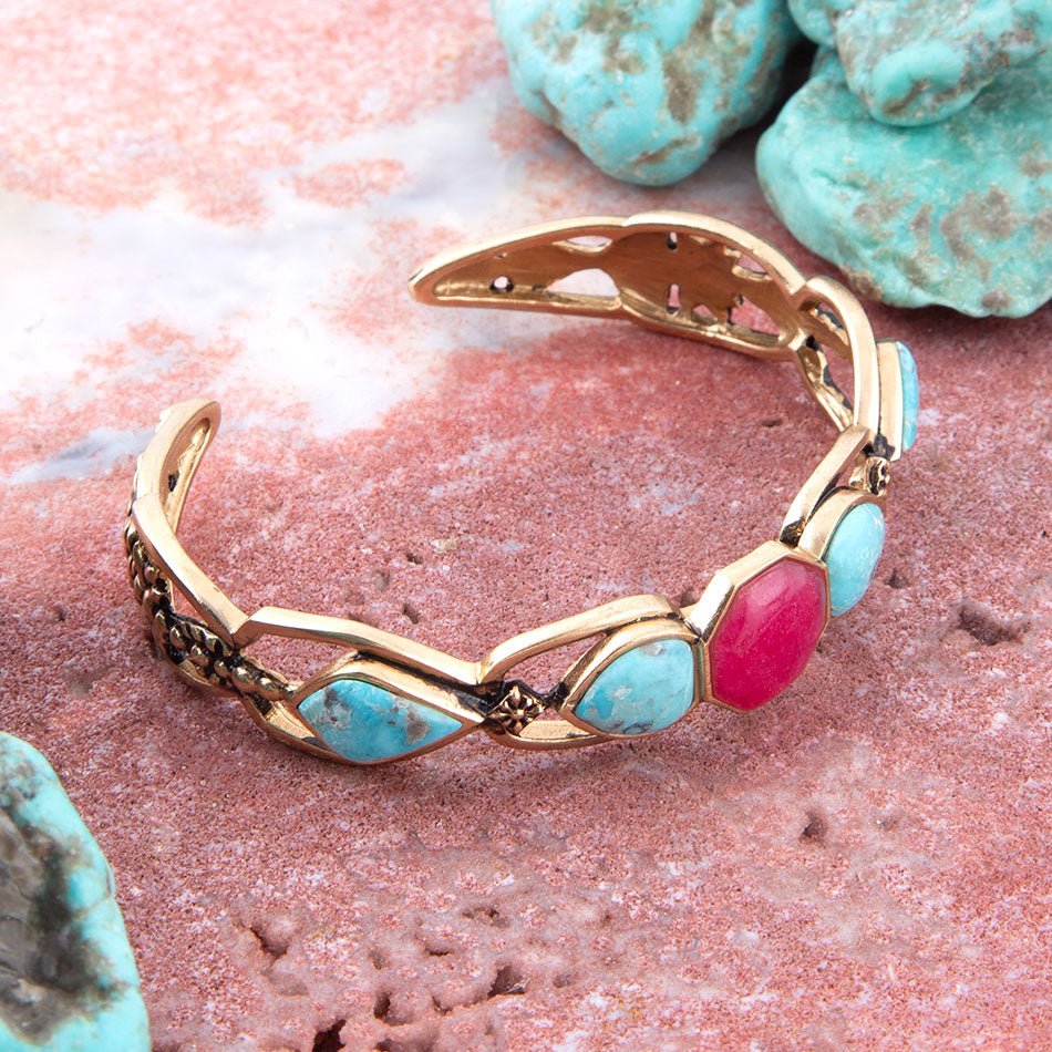 Blue Turquoise and Red Quartz Golden Cuff Bracelet Barse Jewelry