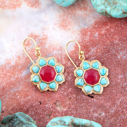 Blue Turquoise and Red Quartz Flower Golden Earrings Barse Jewelry