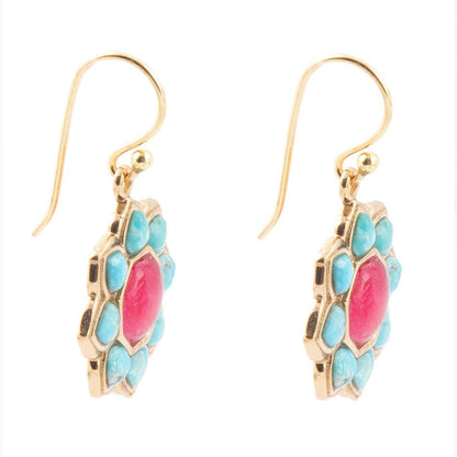 Blue Turquoise and Red Quartz Flower Golden Earrings Barse Jewelry