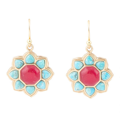 Blue Turquoise and Red Quartz Flower Golden Earrings Barse Jewelry