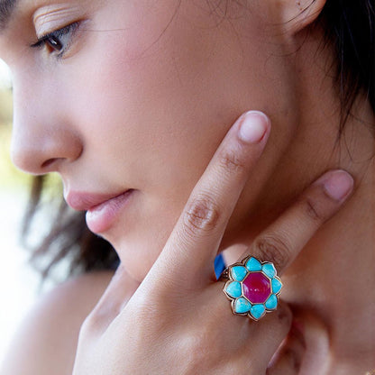 Blue Turquoise and Red Quartz Flower Golden Ring Barse Jewelry