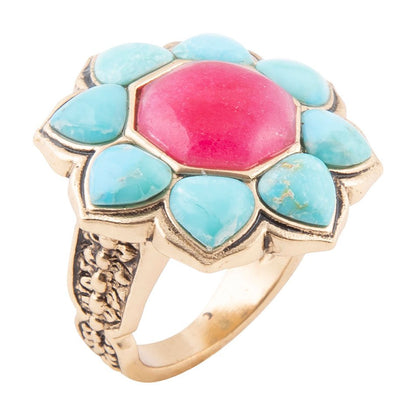 Blue Turquoise and Red Quartz Flower Golden Ring Barse Jewelry