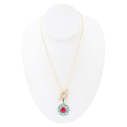 Blue Turquoise and Red Quartz Golden Chain Necklace Barse Jewelry