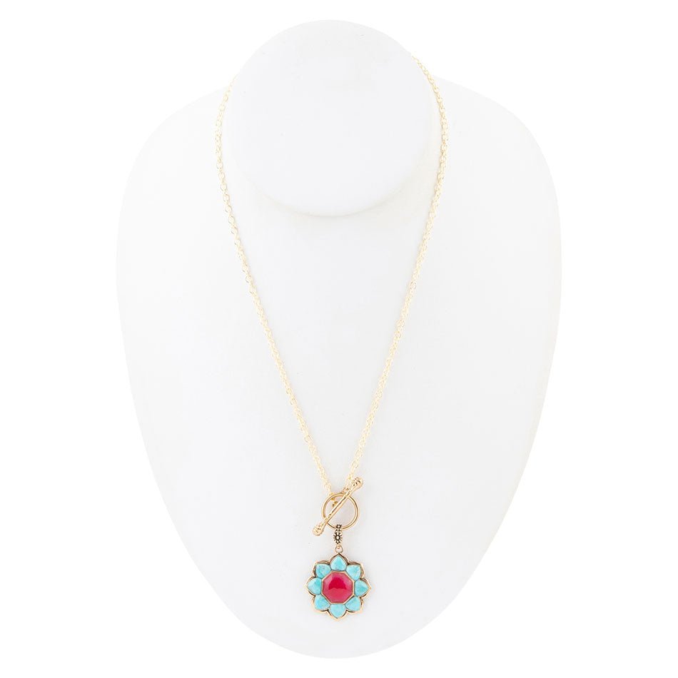 Blue Turquoise and Red Quartz Golden Chain Necklace Barse Jewelry