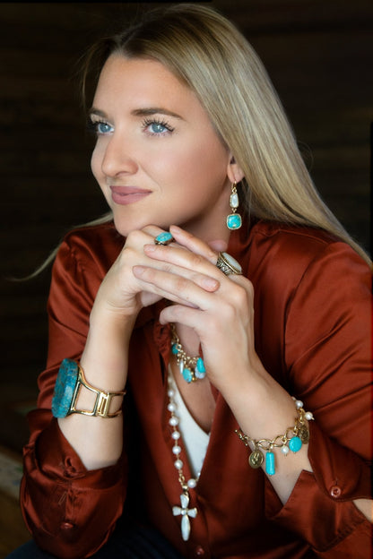 Blue Turquoise and White Pearl Multi Charm Golden Bracelet Barse Jewelry