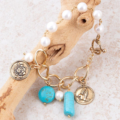 Blue Turquoise and White Pearl Multi Charm Golden Bracelet Barse Jewelry