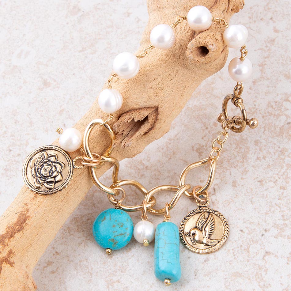 Blue Turquoise and White Pearl Multi Charm Golden Bracelet Barse Jewelry