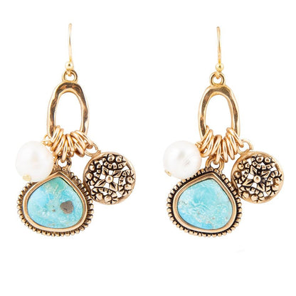 Blue Turquoise and White Pearl Multi Charm Golden Charm Earrings Barse Jewelry