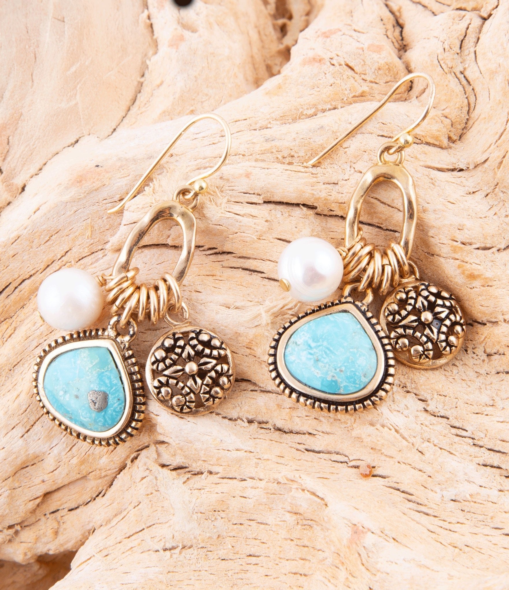 Blue Turquoise and White Pearl Multi Charm Golden Charm Earrings Barse Jewelry