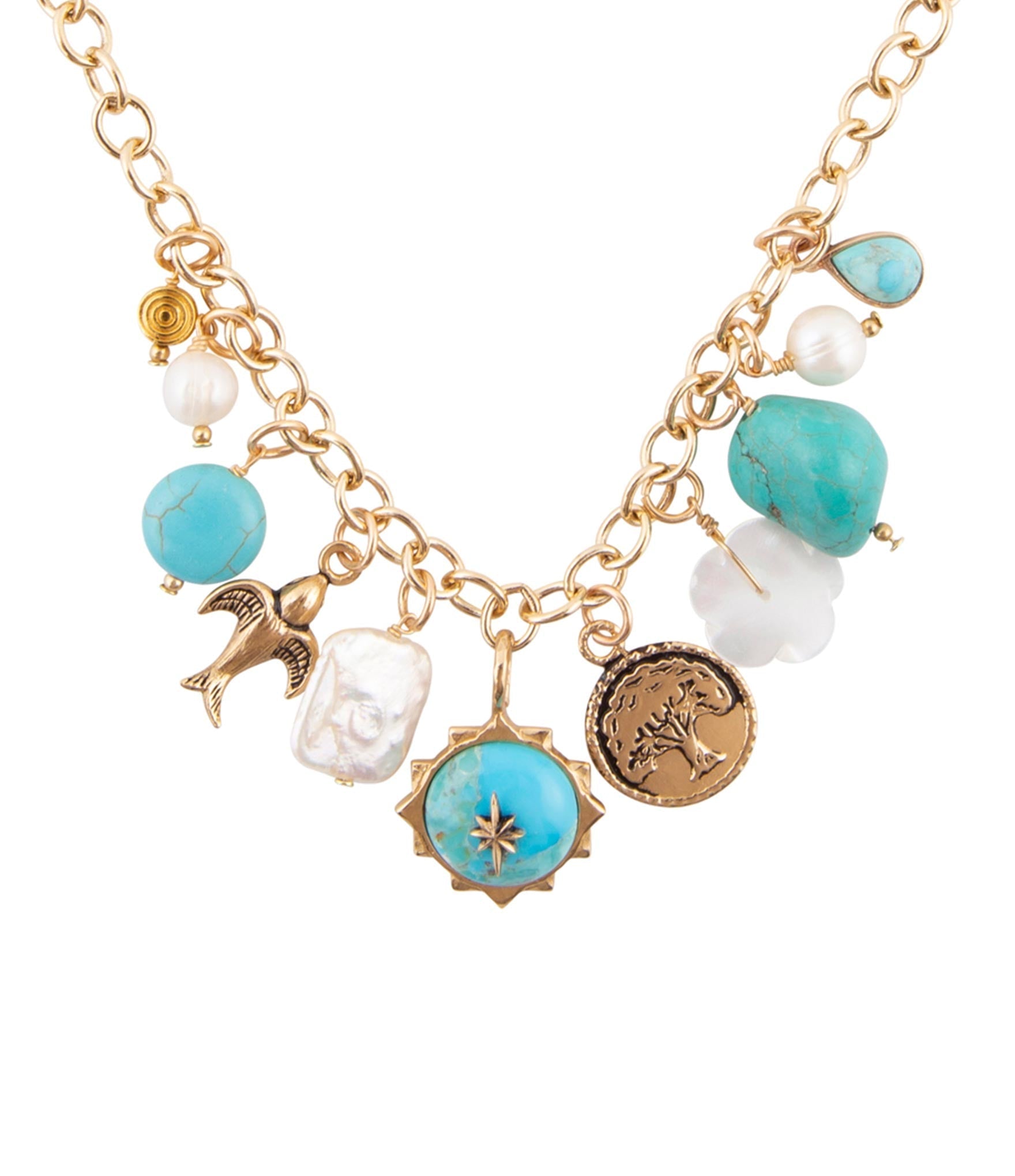 Blue Turquoise and White Pearl Multi Charm Golden Necklace Barse Jewelry