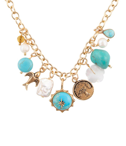 Blue Turquoise and White Pearl Multi Charm Golden Necklace Barse Jewelry