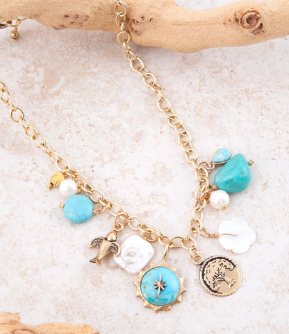 Blue Turquoise and White Pearl Multi Charm Golden Necklace Barse Jewelry