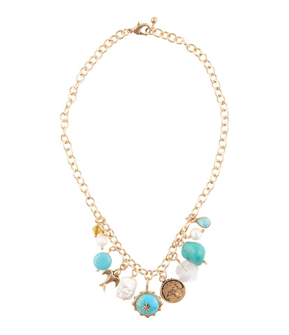 Blue Turquoise and White Pearl Multi Charm Golden Necklace Barse Jewelry