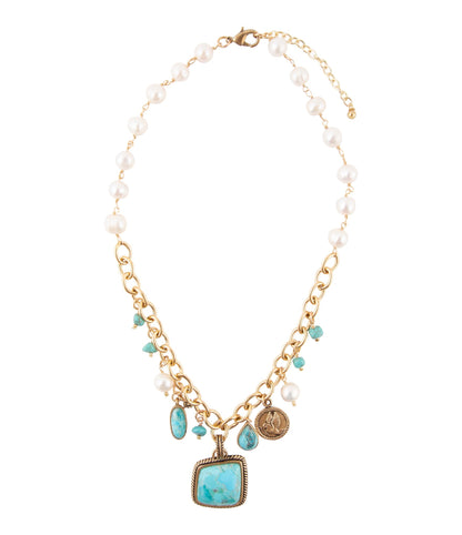 Blue Turquoise and White Pearl Multi Pendant Golden Necklace Barse Jewelry