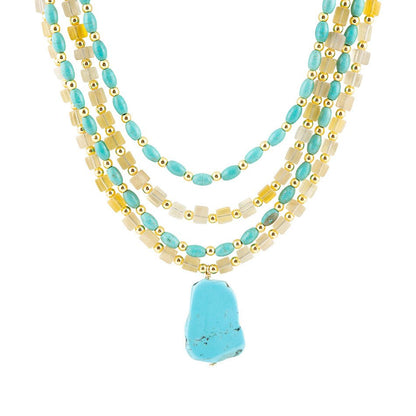Blue Turquoise and Yellow Citrine Multi-Layer Golden Necklace Barse Jewelry