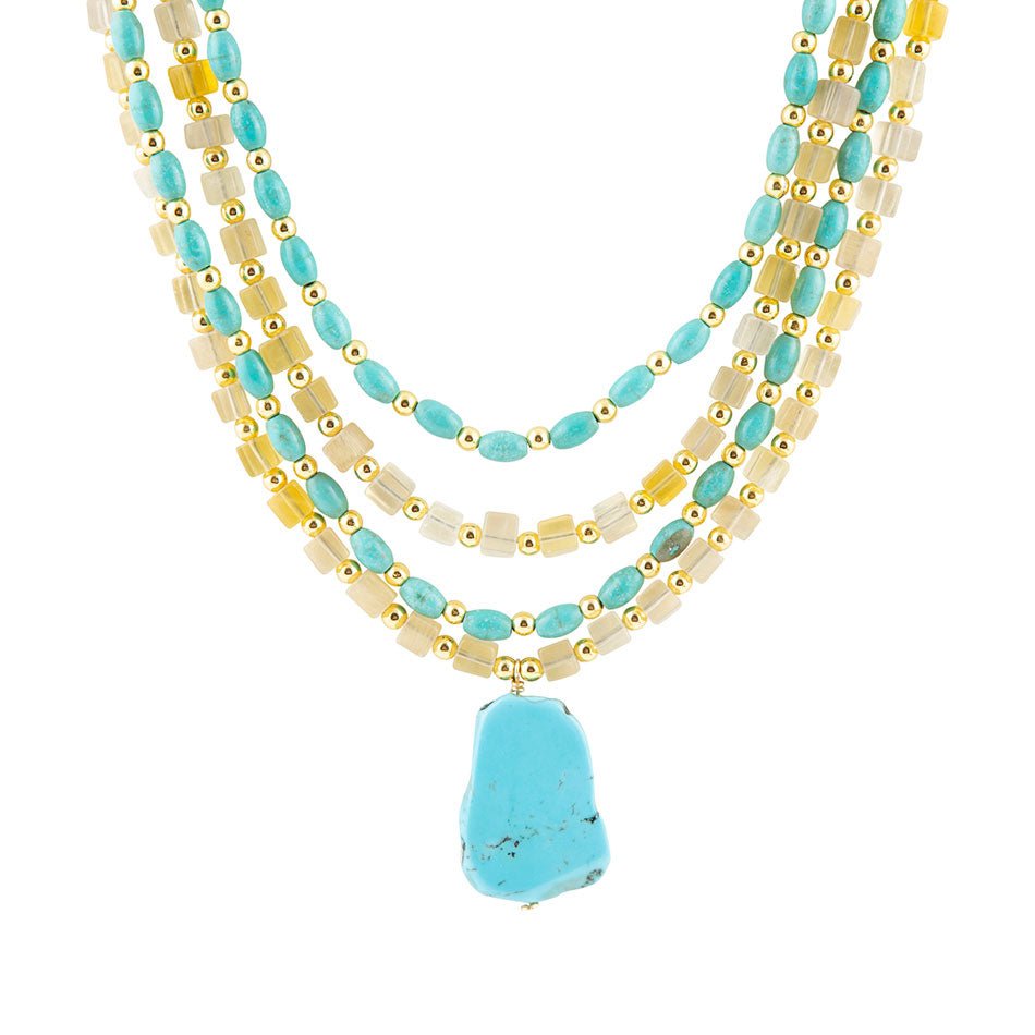 Blue Turquoise and Yellow Citrine Multi-Layer Golden Necklace Barse Jewelry