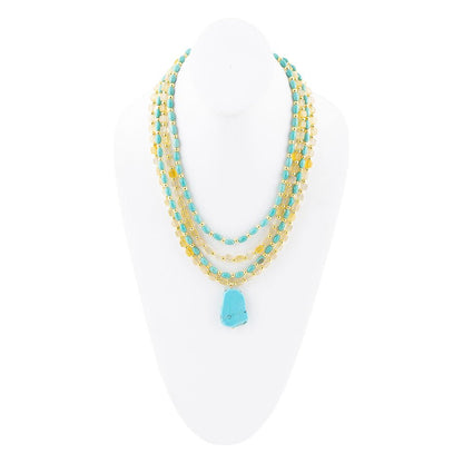 Blue Turquoise and Yellow Citrine Multi-Layer Golden Necklace Barse Jewelry
