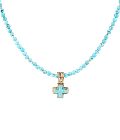 Blue Turquoise Cross Golden Pendant Necklace Barse Jewelry