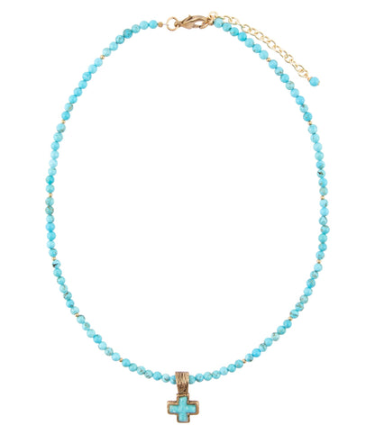 Blue Turquoise Cross Golden Pendant Necklace Barse Jewelry