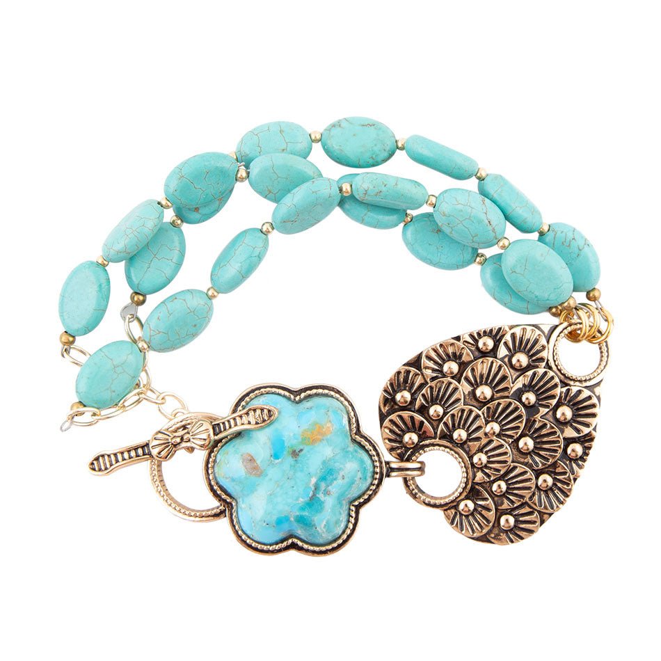 Blue Turquoise Flower Golden Toggle Bracelet Barse Jewelry