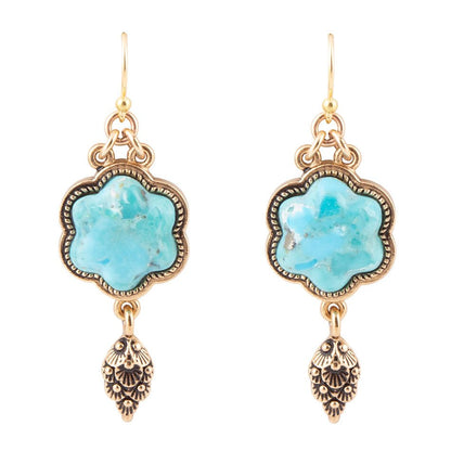 Blue Turquoise Flower Golden Drop Earrings Barse Jewelry