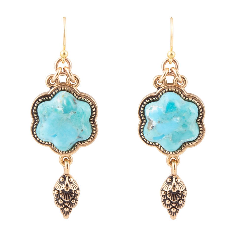 Blue Turquoise Flower Golden Drop Earrings Barse Jewelry
