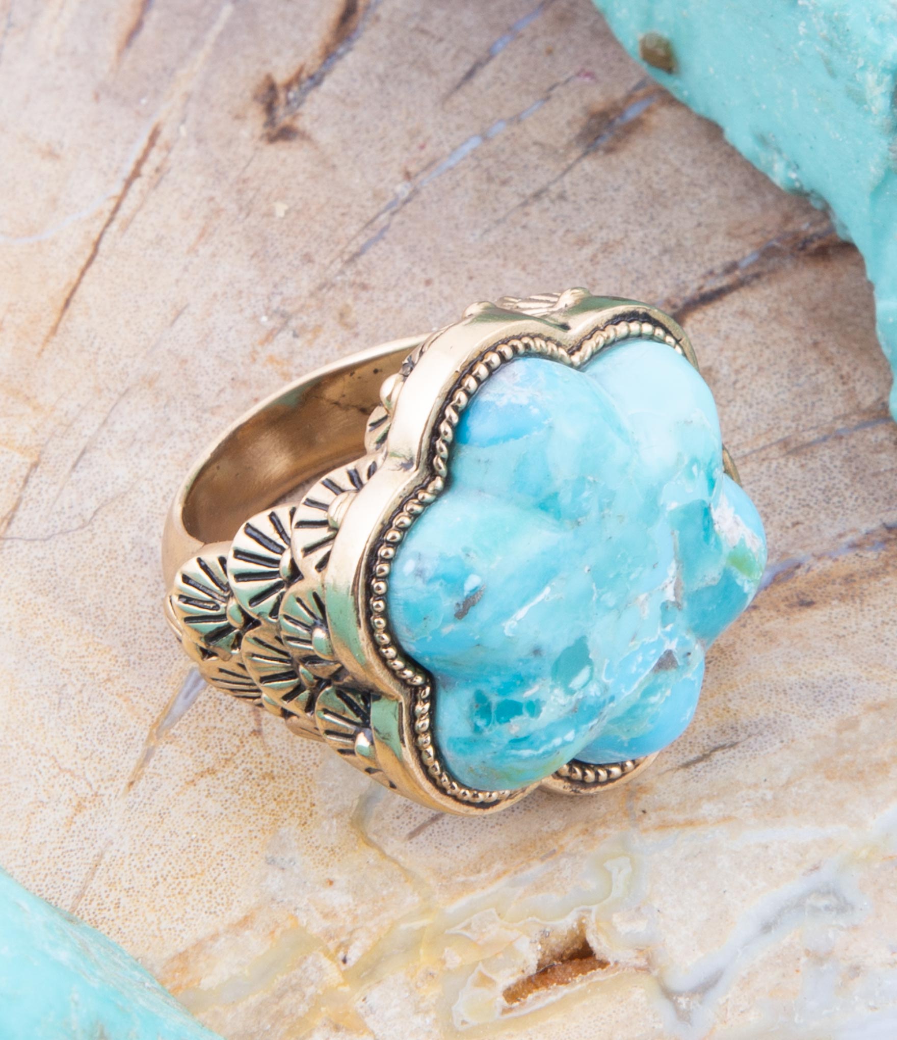Blue Turquoise Flower Golden Ring Barse Jewelry