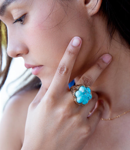 Blue Turquoise Flower Golden Ring Barse Jewelry
