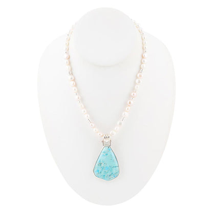 Blue Turquoise Pendant and White Pearl Sterling Silver Necklace Barse Jewelry