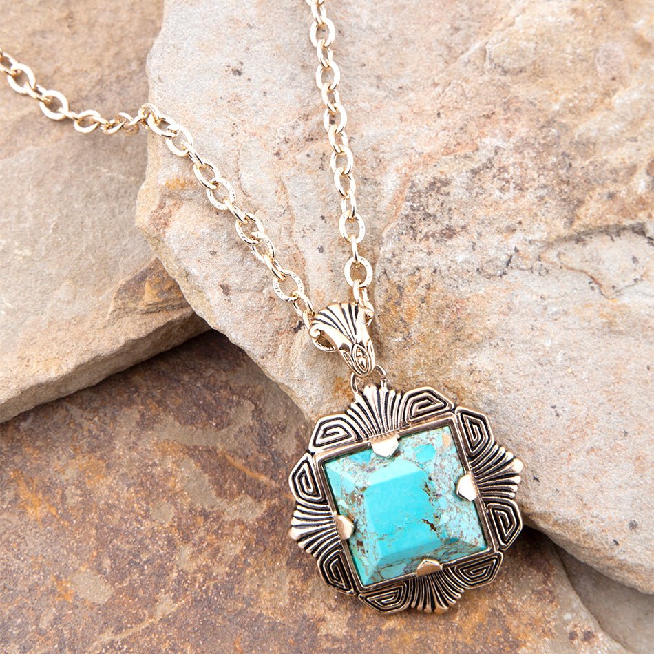 Blue Turquoise Square Golden Pendant Necklace Barse Jewelry