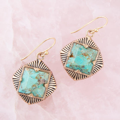 Blue Turquoise Square Stone Golden Drop Earrings Barse Jewelry