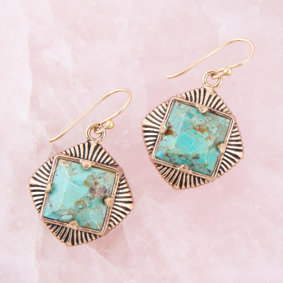 Blue Turquoise Square Stone Golden Drop Earrings Barse Jewelry