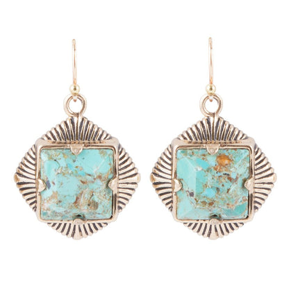 Blue Turquoise Square Stone Golden Drop Earrings Barse Jewelry