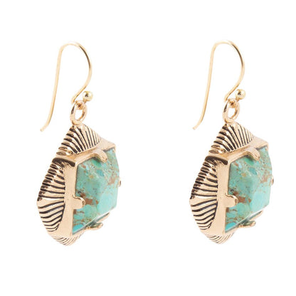 Blue Turquoise Square Stone Golden Drop Earrings Barse Jewelry