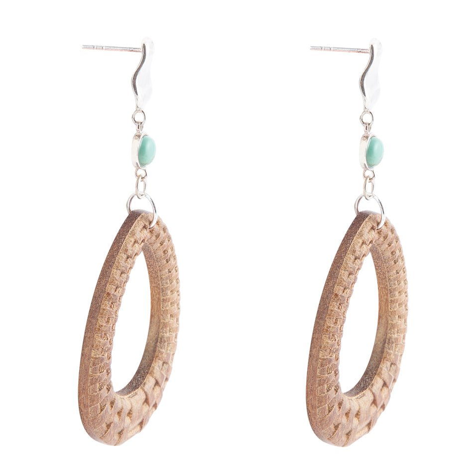 Blue Turquoise Top Carved Wood Sterling Silver Earrings Barse Jewelry