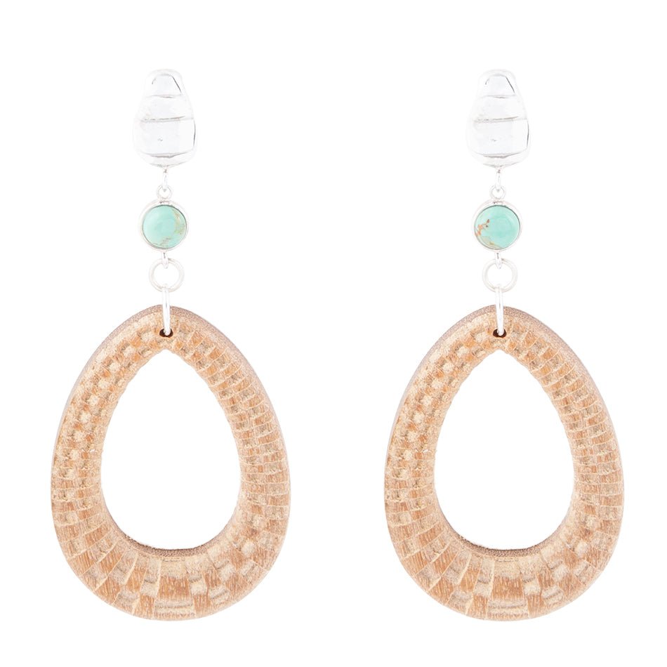 Blue Turquoise Top Carved Wood Sterling Silver Earrings Barse Jewelry