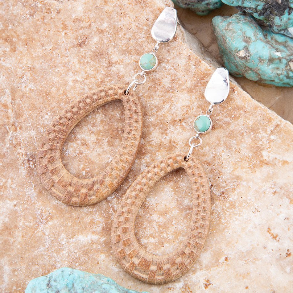 Blue Turquoise Top Carved Wood Sterling Silver Earrings Barse Jewelry