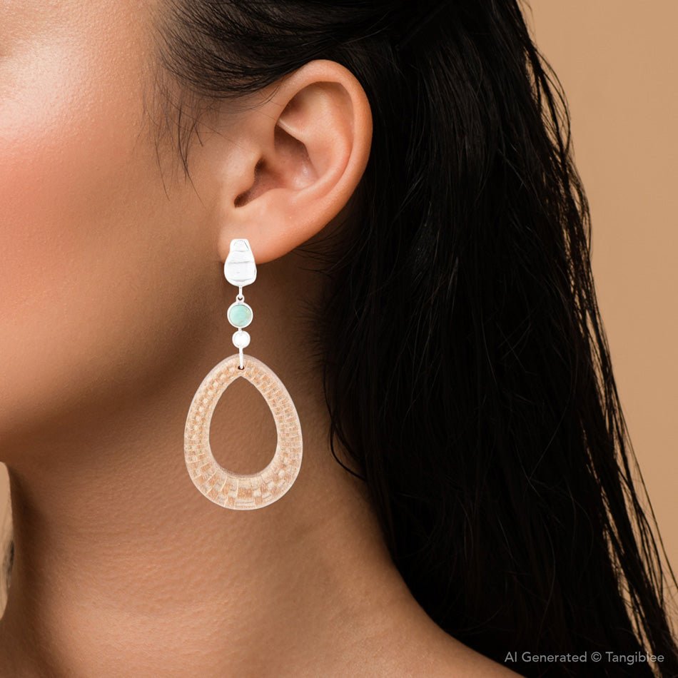 Blue Turquoise Top Carved Wood Sterling Silver Earrings Barse Jewelry