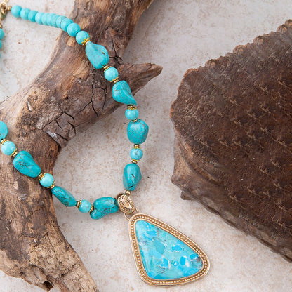 Blue Turquoise Triangle Golden Pendant Necklace Barse Jewelry