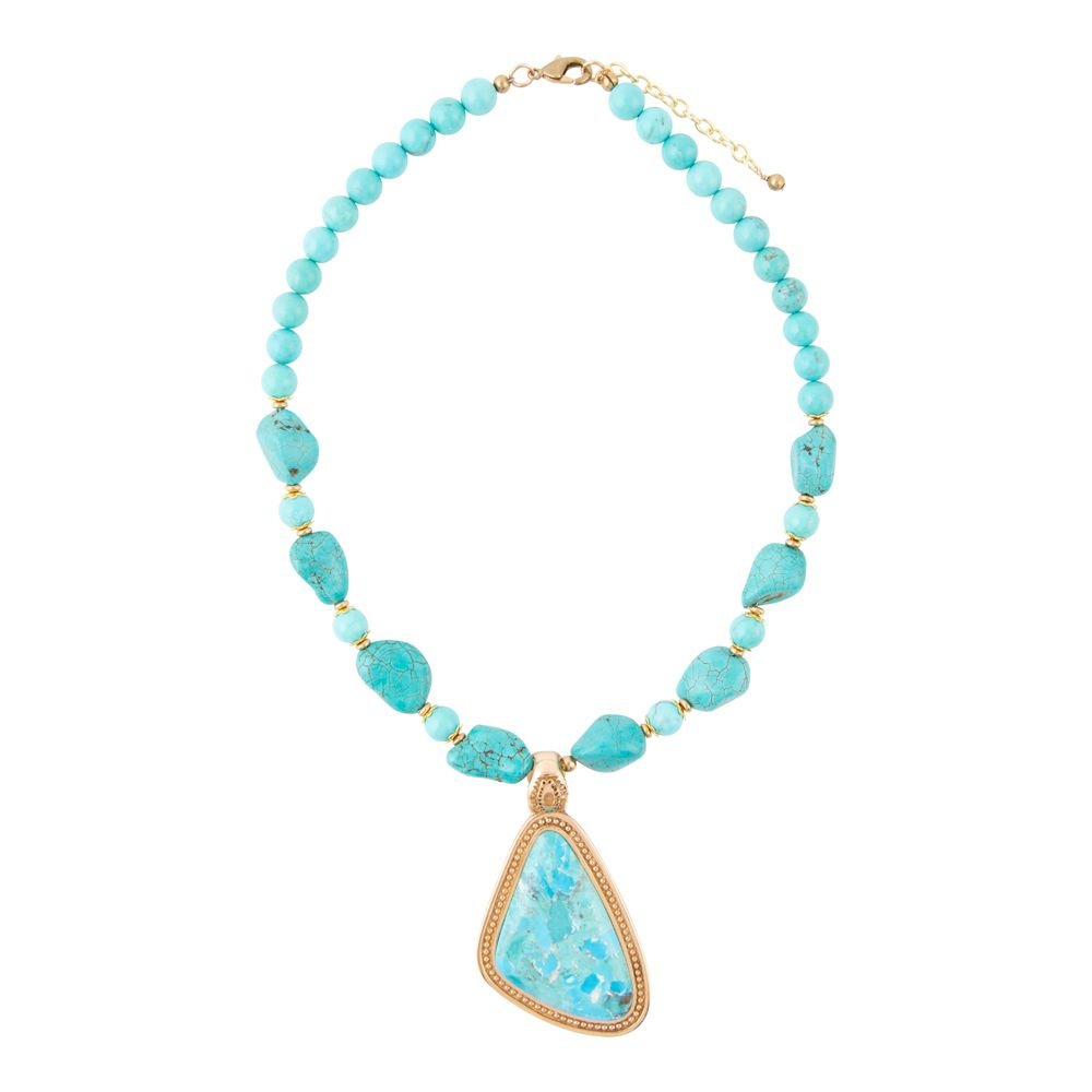 Blue Turquoise Triangle Golden Pendant Necklace Barse Jewelry